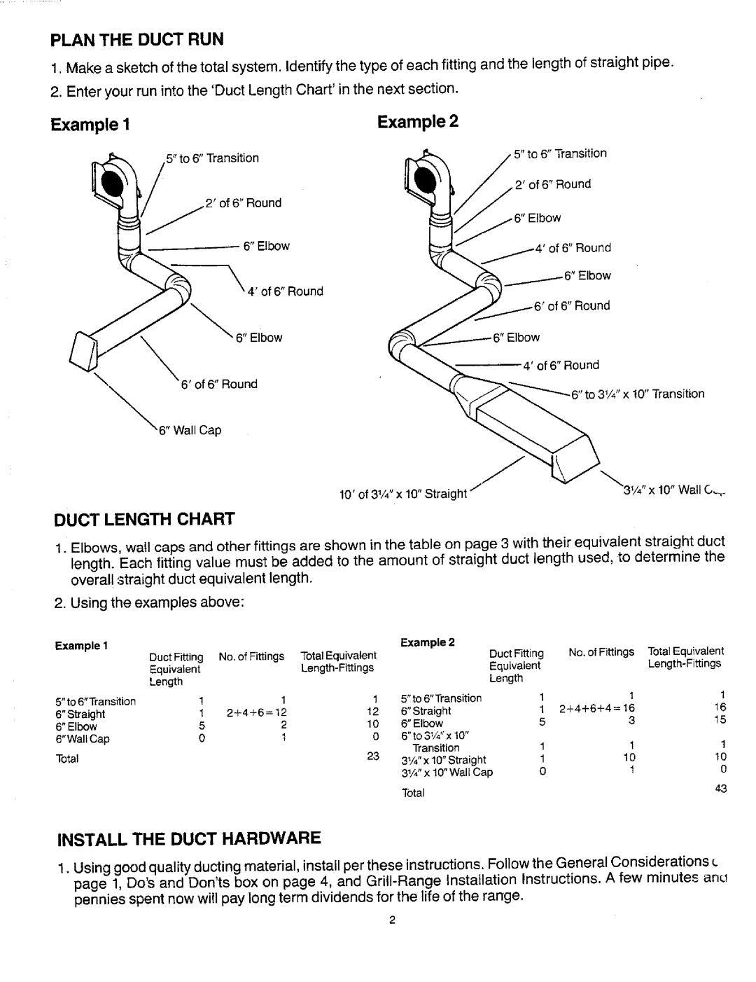 Jenn-Air SCE30500, SVE47100, SCE30600 dimensions Plan The Duct Run, Duct Length Chart, Install The Duct Hardware 
