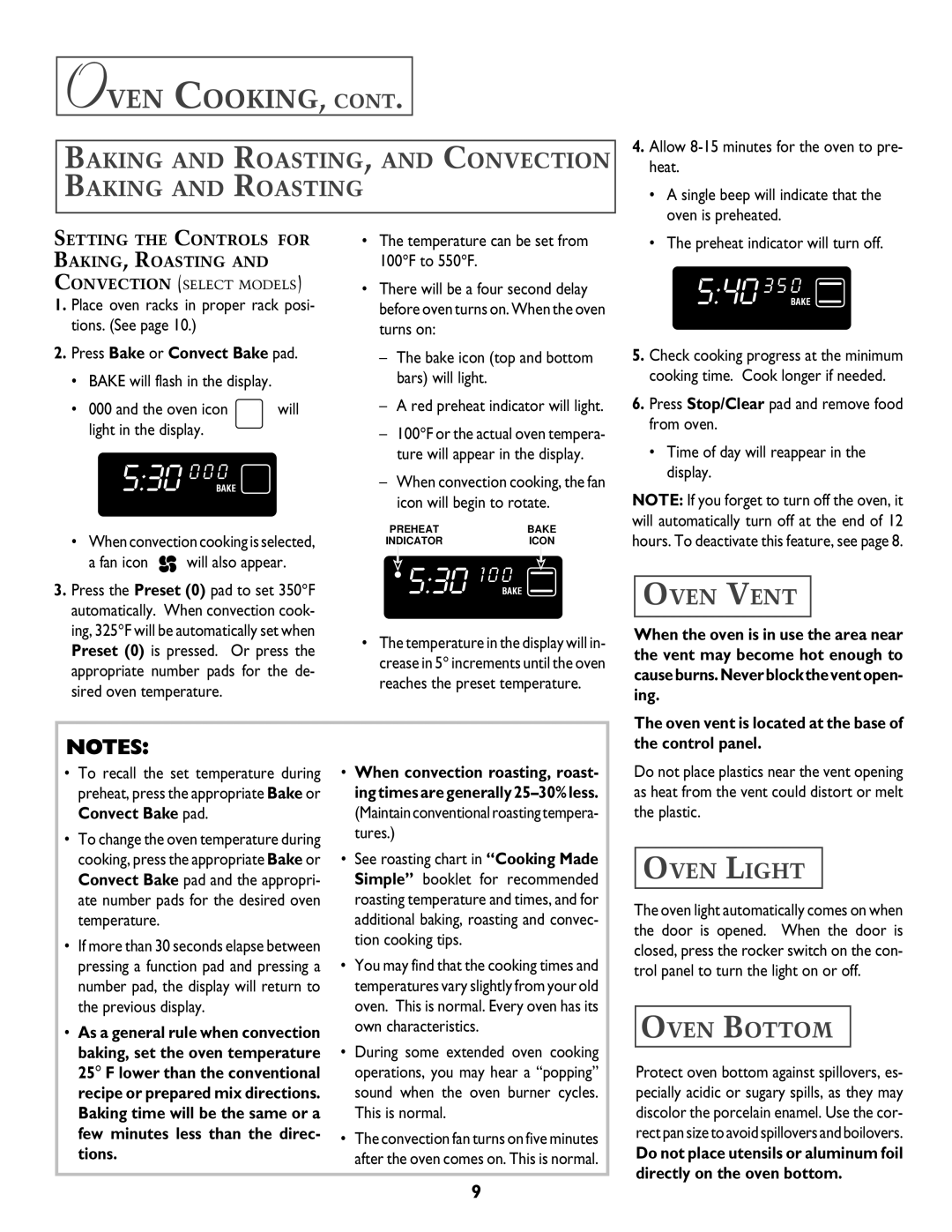 Jenn-Air T2 warranty Baking and ROASTING, and Convection Baking and Roasting, Oven Vent, Oven Light, Oven Bottom 