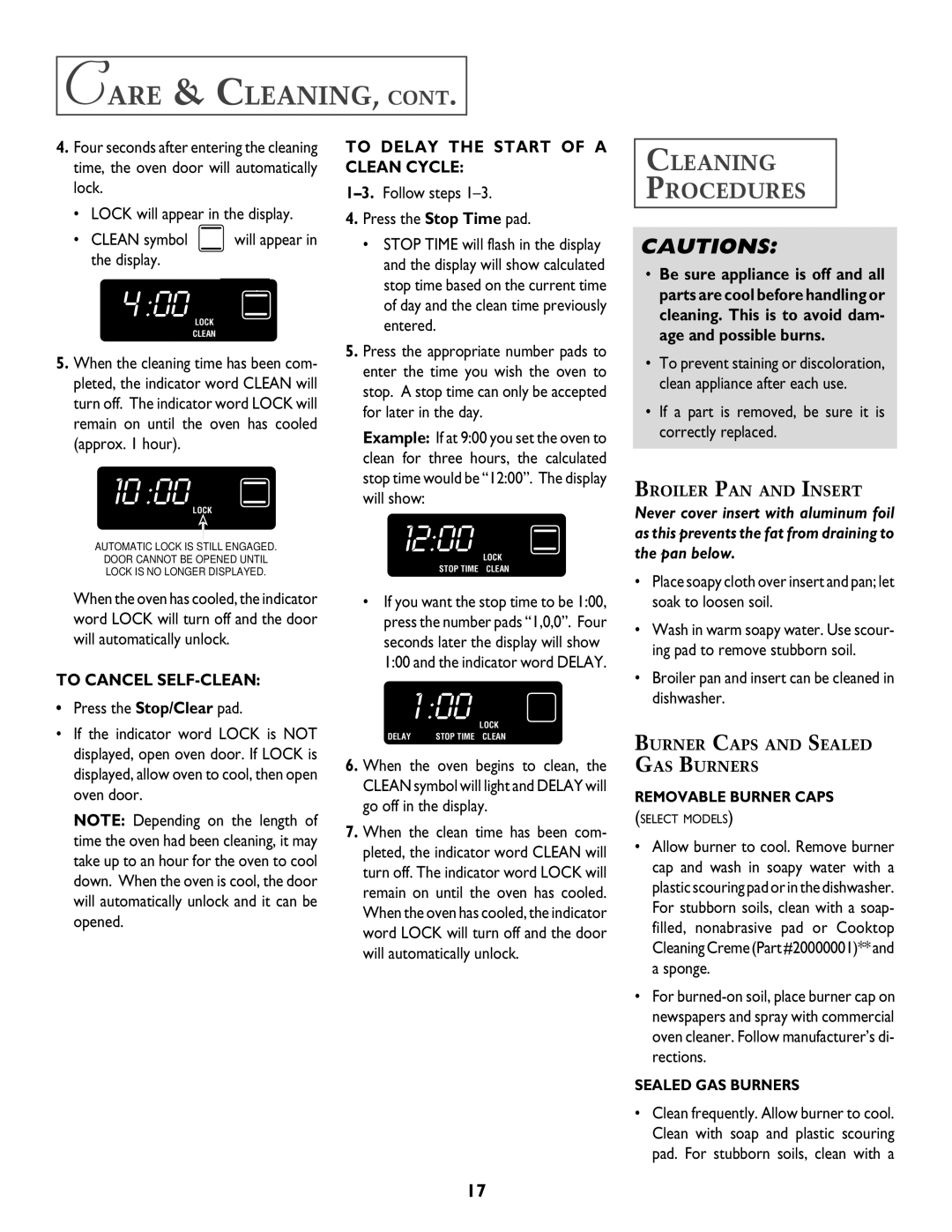 Jenn-Air T2 warranty Care & CLEANING, Cleaning Procedures, To Delay the Start of a Clean Cycle, To Cancel SELF-CLEAN 