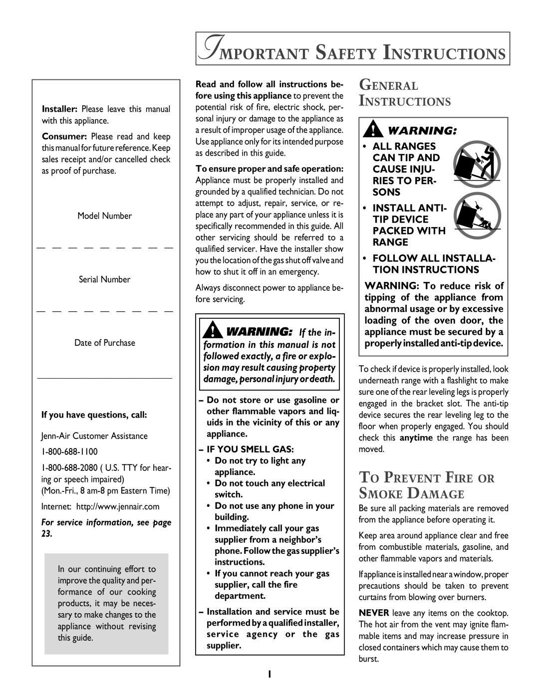 Jenn-Air T2 warranty Important Safety Instructions, General Instructions, To Prevent Fire or Smoke Damage, If YOU Smell GAS 