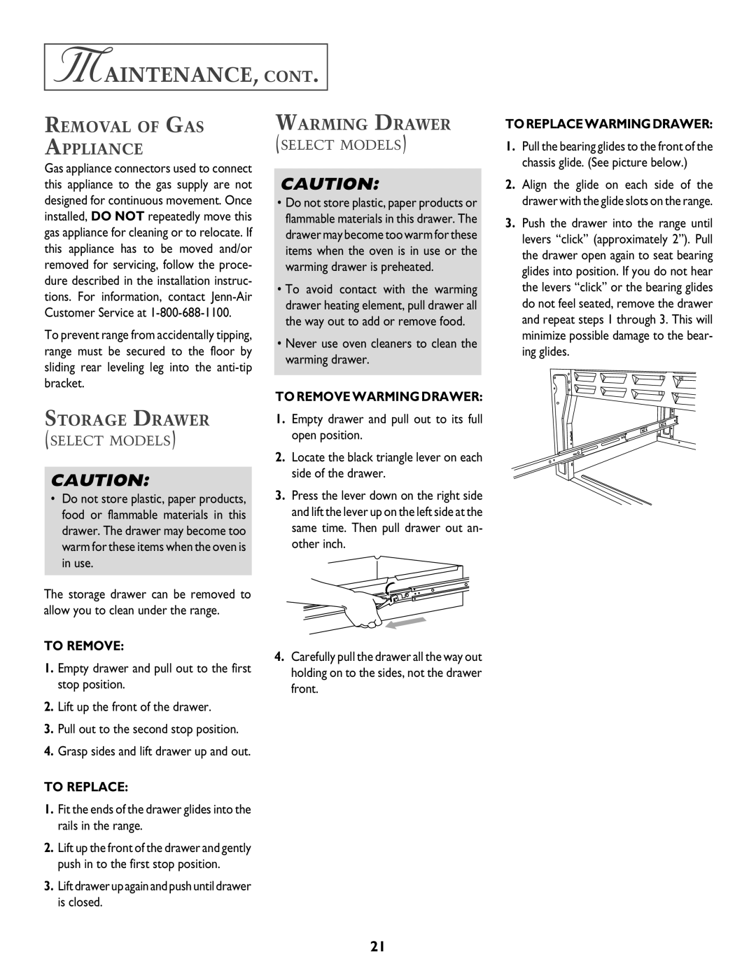 Jenn-Air T2 warranty Maintenance, Removal of GAS Appliance, Storage Drawer, Warming Drawer 