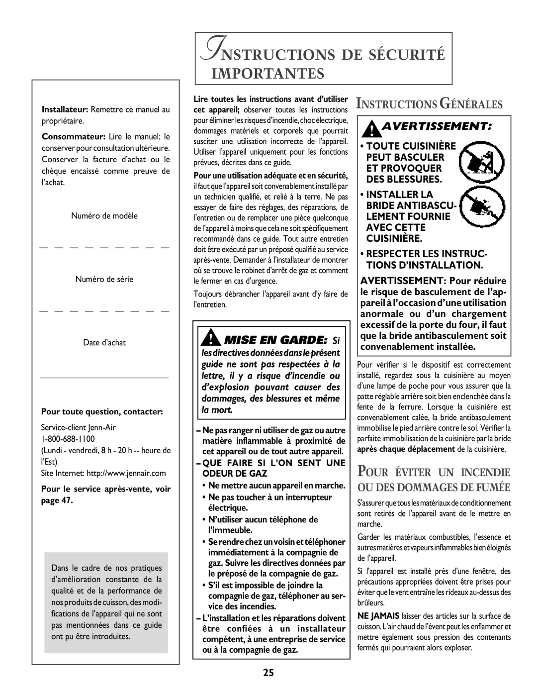 Jenn-Air T2 warranty Instructions DE Sécurité Importantes, Instructions Générales, QUE Faire SI L’ON Sent UNE Odeur DE GAZ 