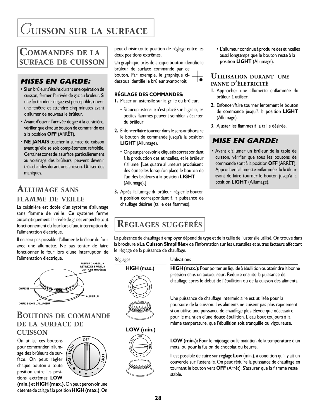 Jenn-Air T2 Cuisson SUR LA Surface, Commandes DE LA Surface DE Cuisson, Réglages Suggérés, Allumage Sans Flamme DE Veille 