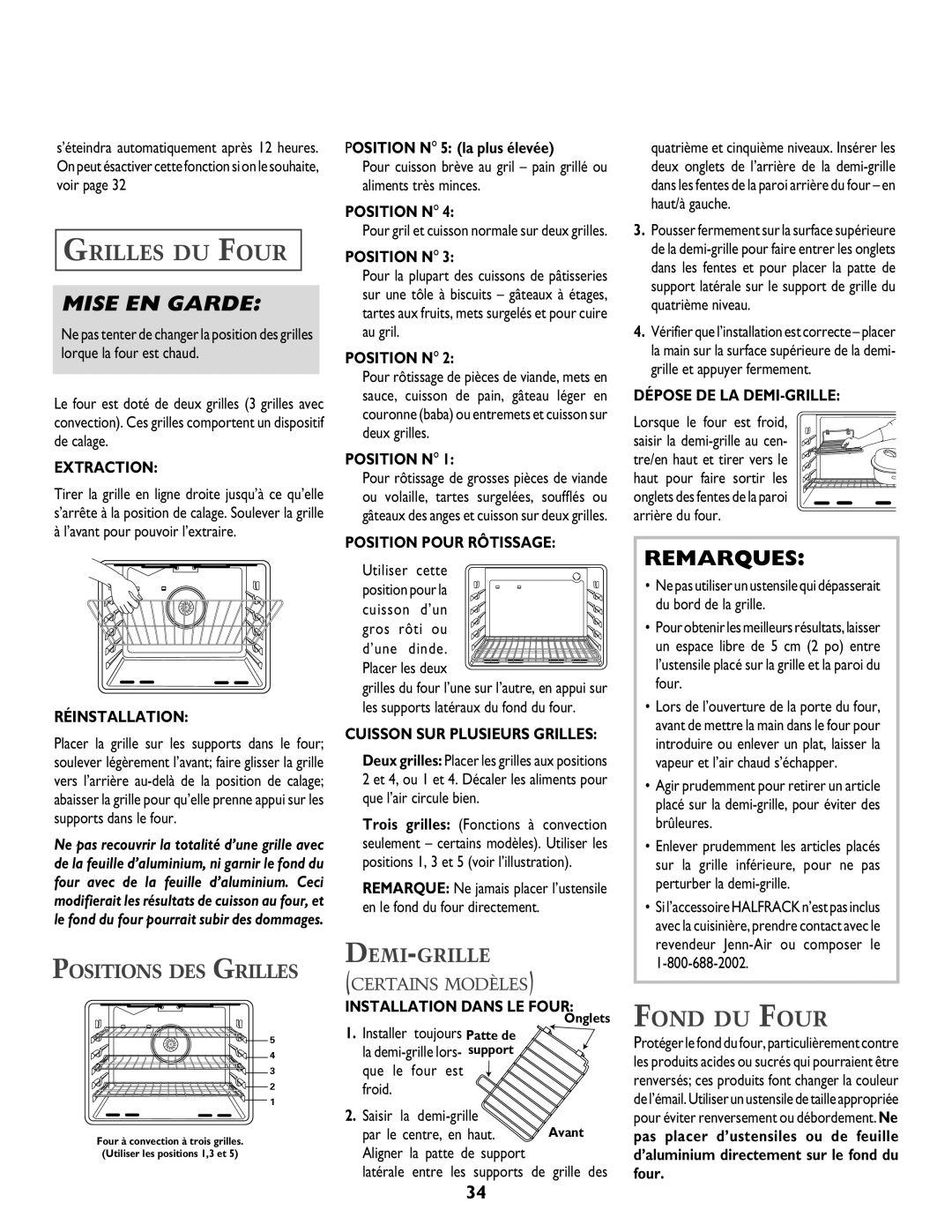 Jenn-Air T2 warranty Grilles DU Four, Fond DU Four, Positions DES Grilles, Demi-Grille 