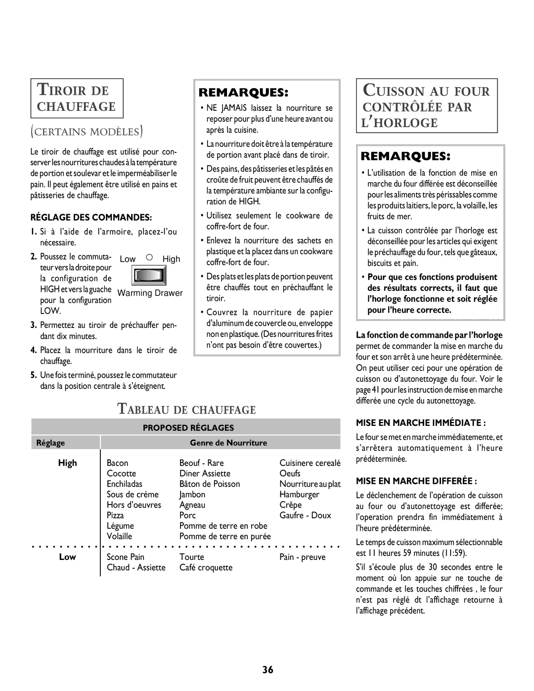 Jenn-Air T2 warranty Tiroir DE Chauffage, Cuisson AU Four Contrôlée PAR ’HORLOGE, Tableau DE Chauffage 