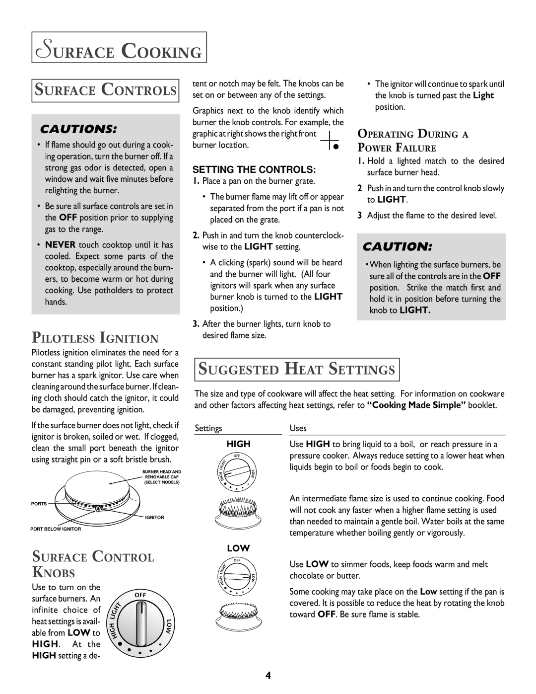 Jenn-Air T2 warranty Surface Cooking, Surface Controls, Suggested Heat Settings, Pilotless Ignition, Surface Control Knobs 