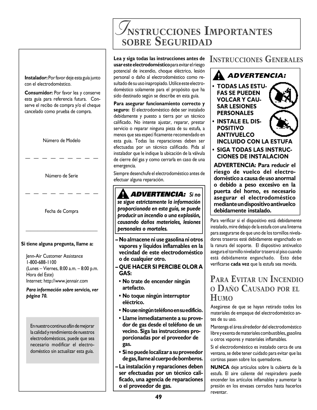 Jenn-Air T2 warranty Instrucciones Importantes Sobre Seguridad, Instrucciones Generales, Si tiene alguna pregunta, llame a 