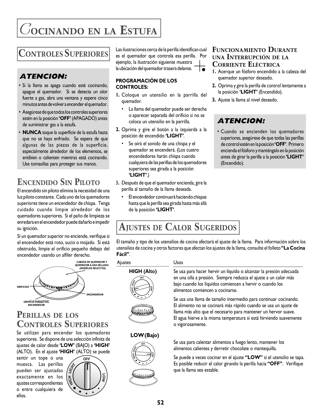 Jenn-Air T2 Cocinando EN LA Estufa, Ajustes DE Calor Sugeridos, Encendido SIN Piloto, Perillas DE LOS Controles Superiores 