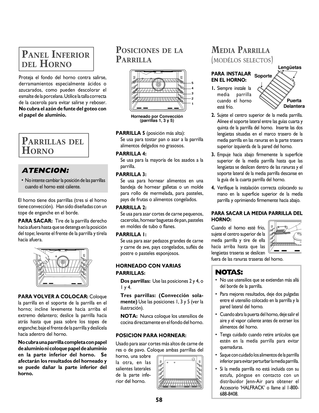 Jenn-Air T2 warranty Panel Inferior DEL Horno, Parrillas DEL Horno, Posiciones DE LA Parrilla, Media Parrilla 