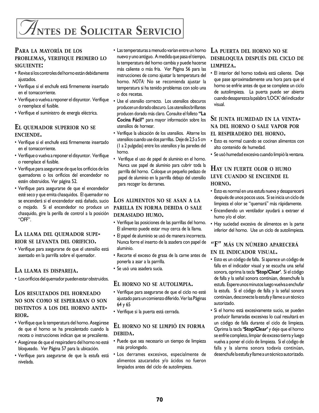 Jenn-Air T2 warranty Antes DE Solicitar Servicio, Verifique para asegurarse de que la estufa está nivelada 