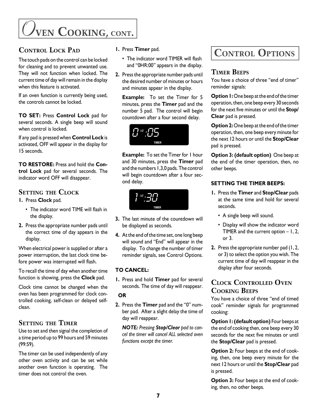 Jenn-Air T2 warranty Oven COOKING, Control Options, Setting the Timer Beeps, To Cancel 