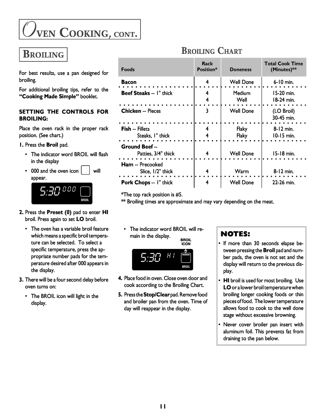 Jenn-Air T2 530 H, Broiling Chart, Setting The Controls For Broiling, Bacon Beef Steaks -- 1 thick, Ground Beef, 530 0 