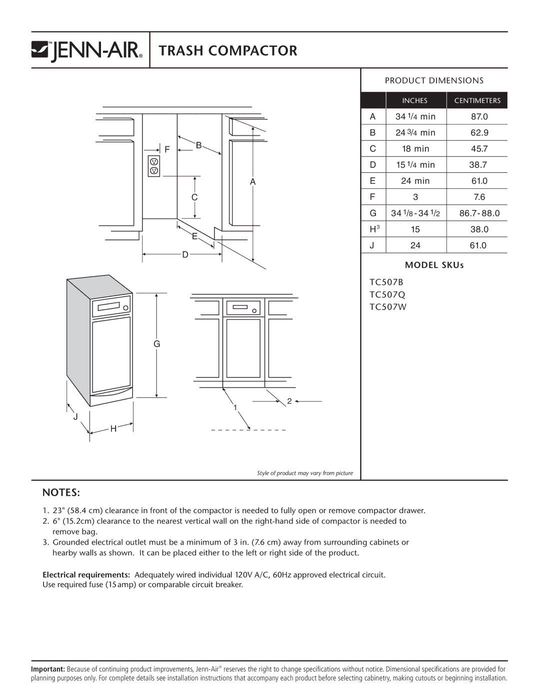 Jenn-Air dimensions Trash Compactor, Product Dimensions, Model SKUs, TC507B TC507Q TC507W 