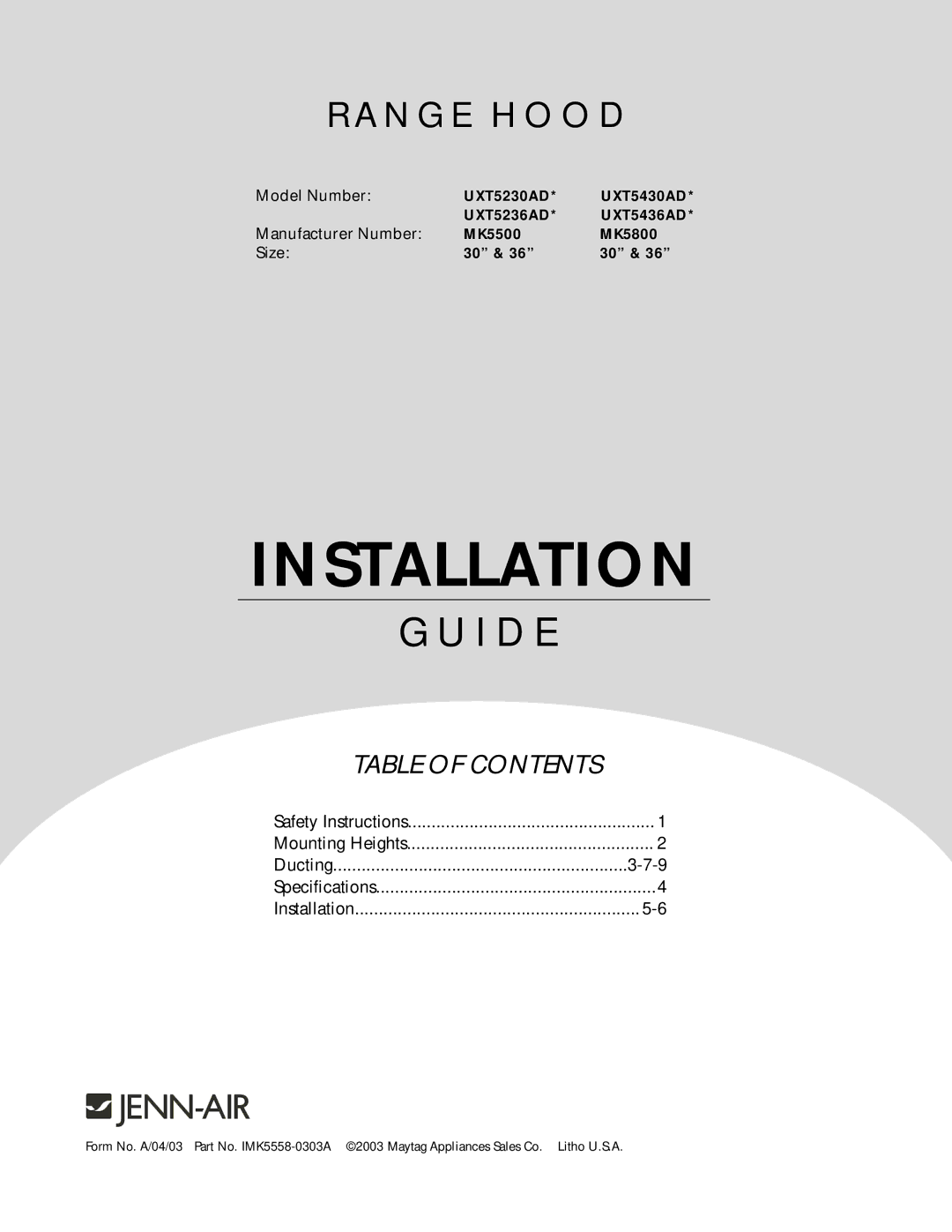 Jenn-Air UXT5436AD, UXT5236AD, UXT5430AD, UXT5230AD specifications Installation 