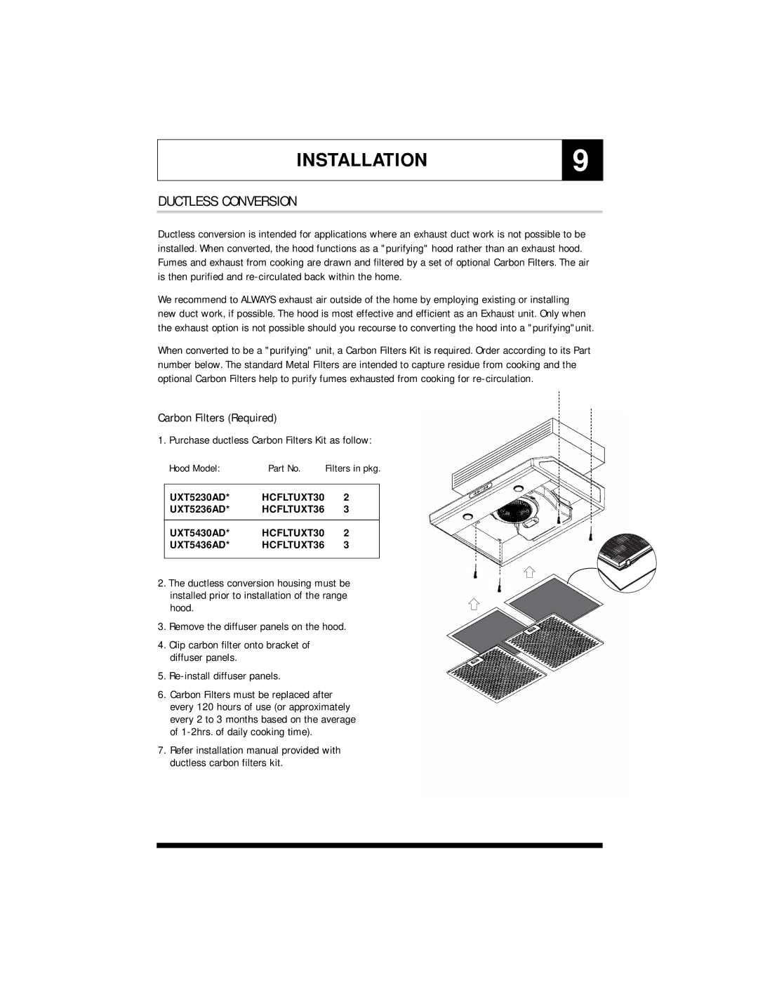 Jenn-Air UXT5430AD, UXT5236AD, UXT5436AD, UXT5230AD specifications INSTALLATION9, Ductless Conversion 