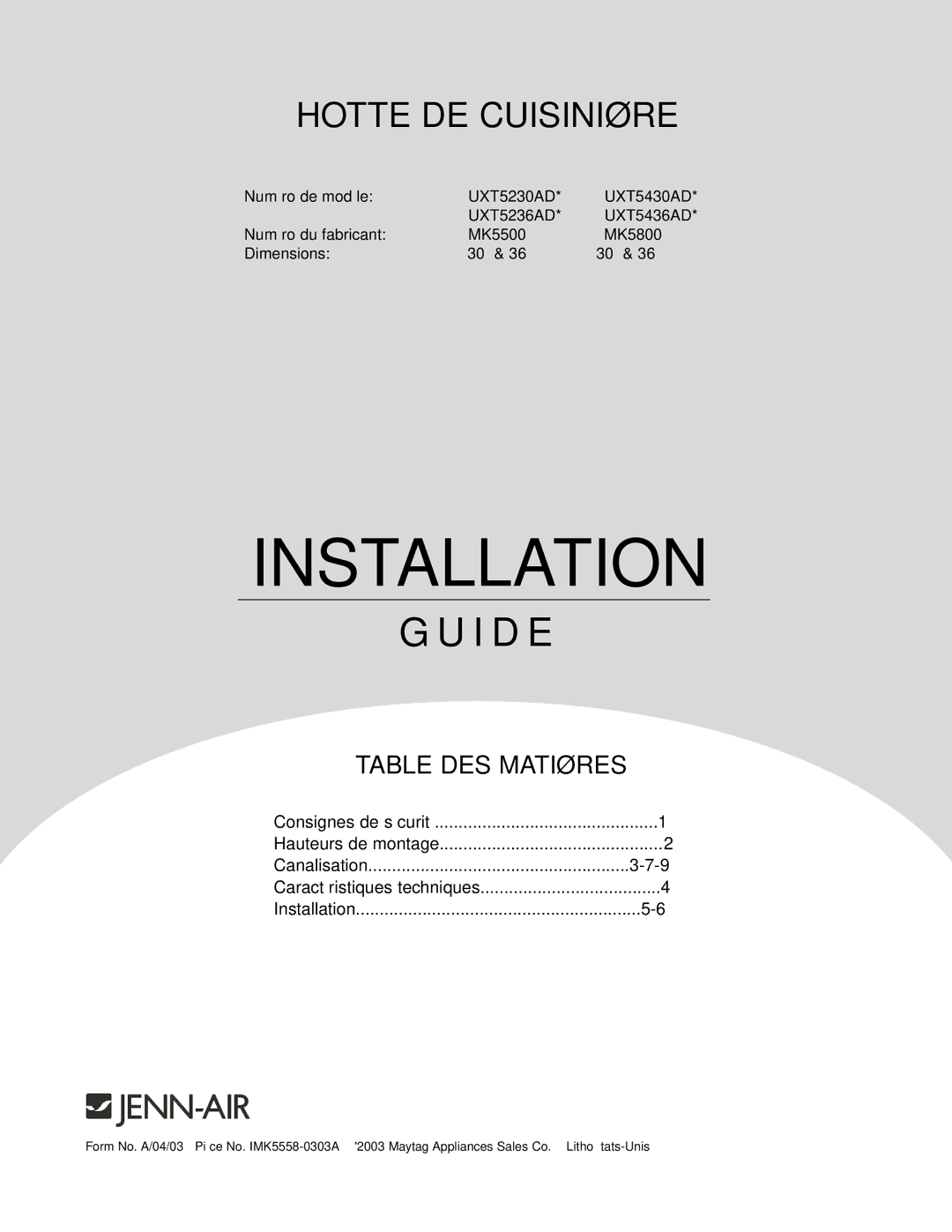 Jenn-Air UXT5230AD, UXT5236AD, UXT5436AD, UXT5430AD specifications Hotte DE Cuisinière 