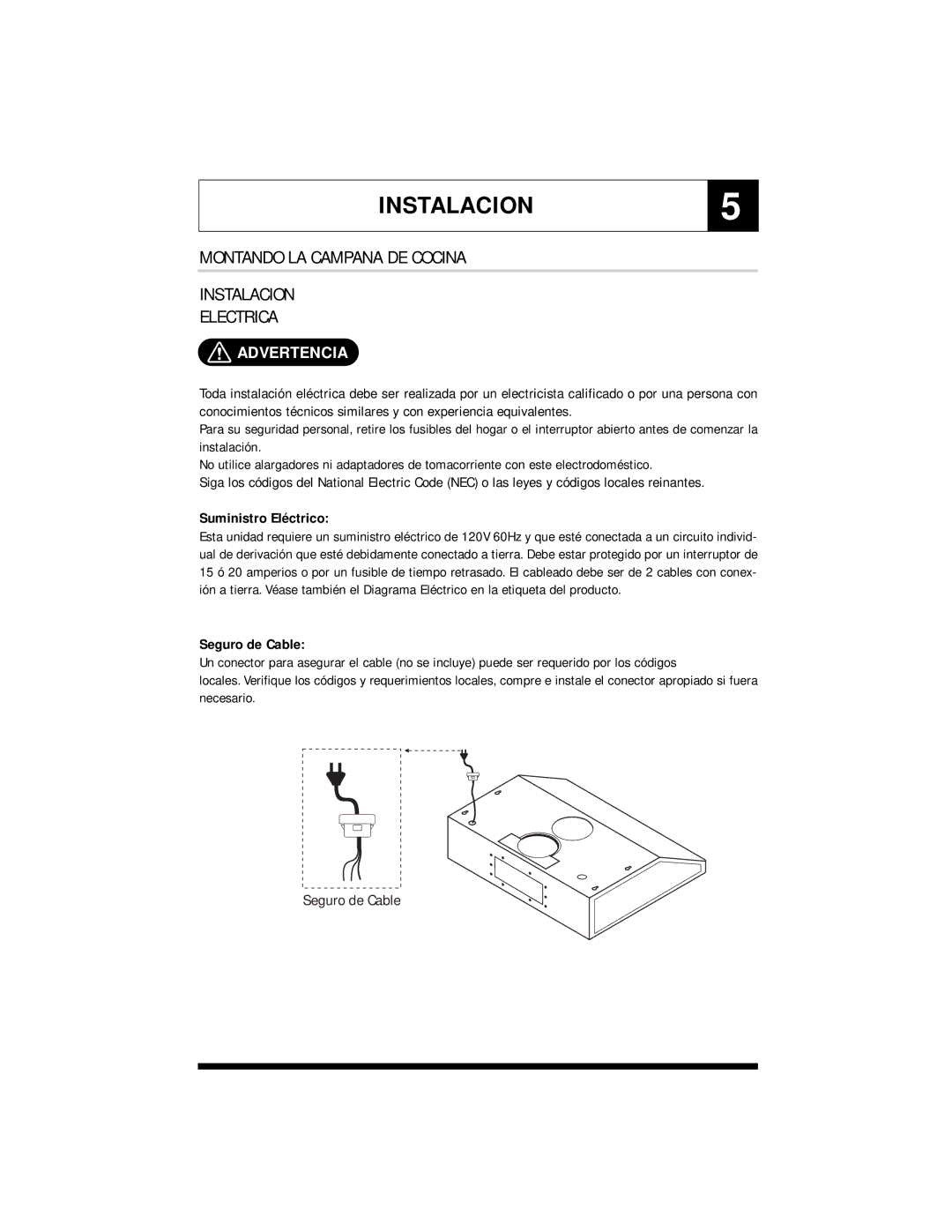 Jenn-Air UXT5430AD INSTALACION5, Montando LA Campana DE Cocina Instalacion Electrica, Advertencia, Suministro Eléctrico 