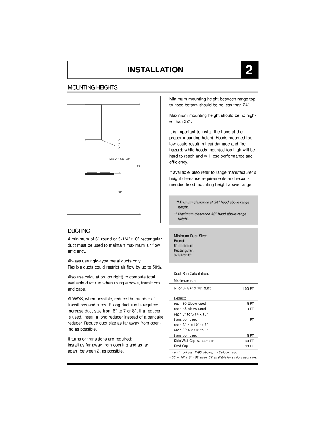 Jenn-Air UXT5230AD, UXT5236AD, UXT5436AD INSTALLATION2, Mounting Heights, Ducting, If turns or transitions are required 