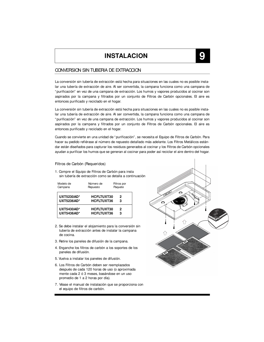 Jenn-Air UXT5430AD, UXT5236AD, UXT5436AD INSTALACION9, Conversion SIN Tuberia DE Extraccion, Filtros de Carbón Requeridos 