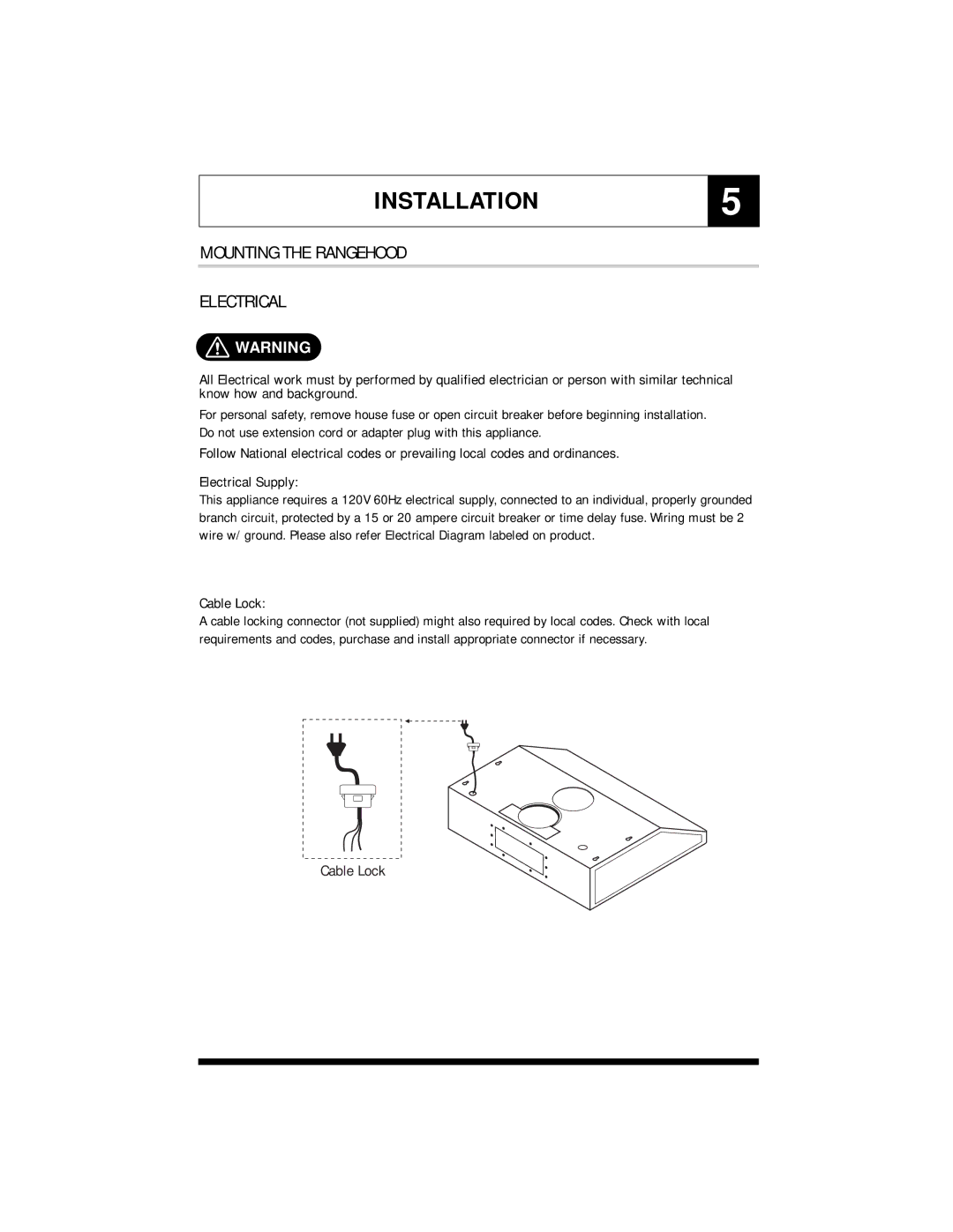 Jenn-Air UXT5430AD, UXT5236AD, UXT5436AD, UXT5230AD INSTALLATION5, Mounting the Rangehood Electrical, Cable Lock 