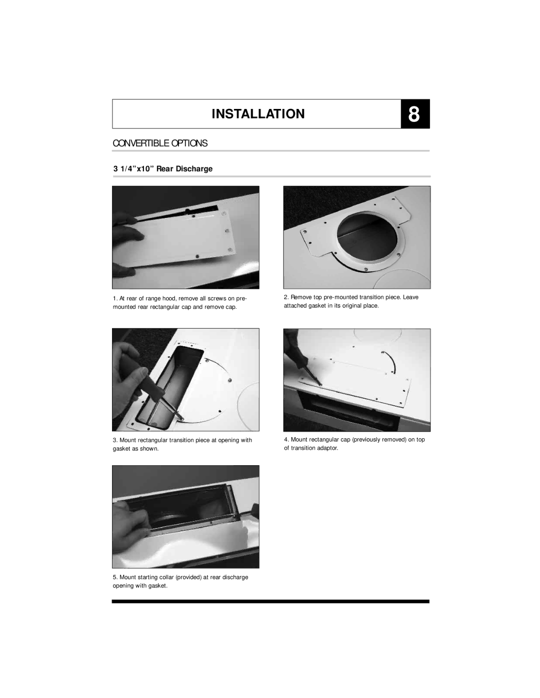 Jenn-Air UXT5436AD, UXT5236AD, UXT5430AD, UXT5230AD specifications INSTALLATION8, 4x10 Rear Discharge 