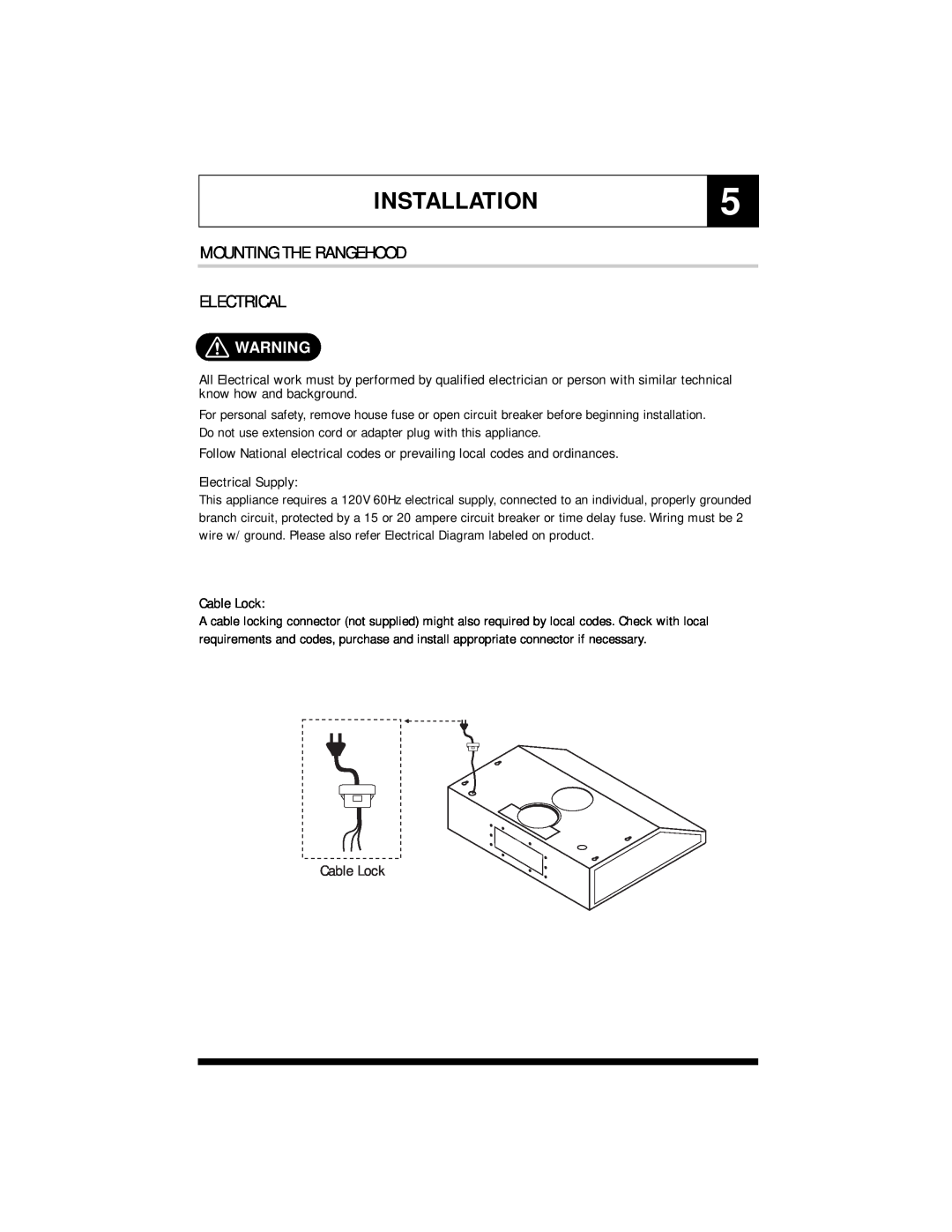 Jenn-Air UXT5430AD, UXT5236AD, UXT5436AD, UXT5230AD specifications INSTALLATION5, Mounting The Rangehood Electrical 