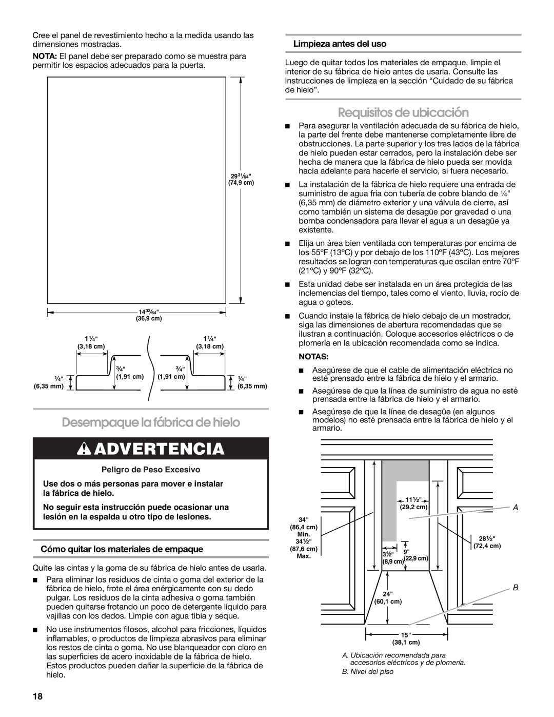 Jenn-Air W10136129C manual Desempaque la fábrica de hielo, Requisitos de ubicación, Limpieza antes del uso, Notas 