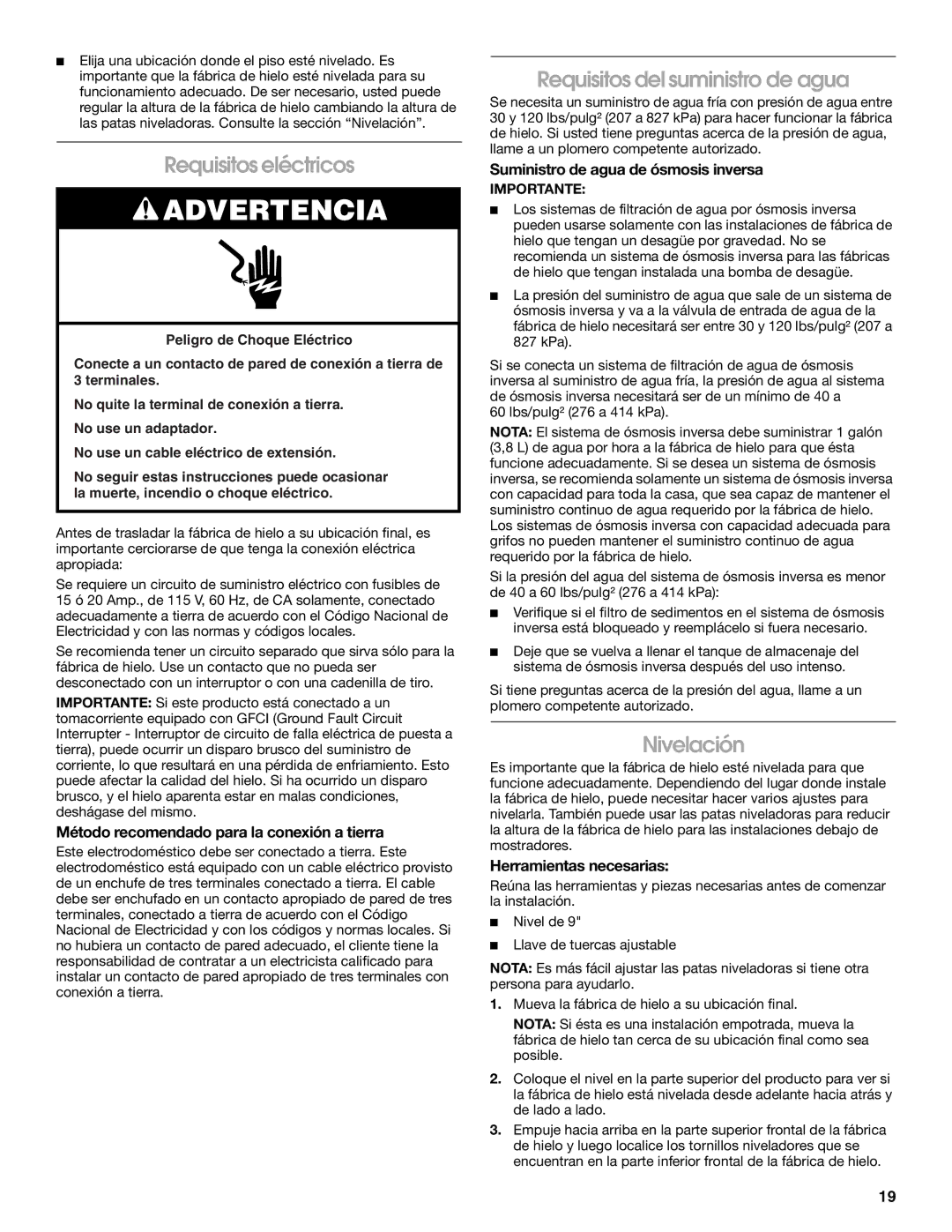 Jenn-Air W10136129C manual Requisitos eléctricos, Requisitos del suministro de agua, Nivelación 