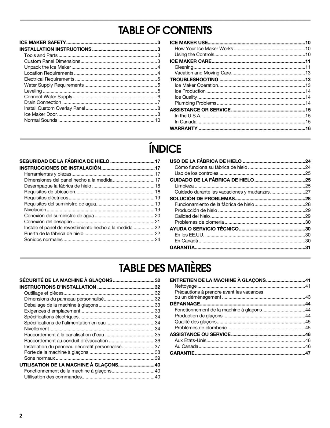 Jenn-Air W10136129C manual Table of Contents, Índice, Table DES Matières 