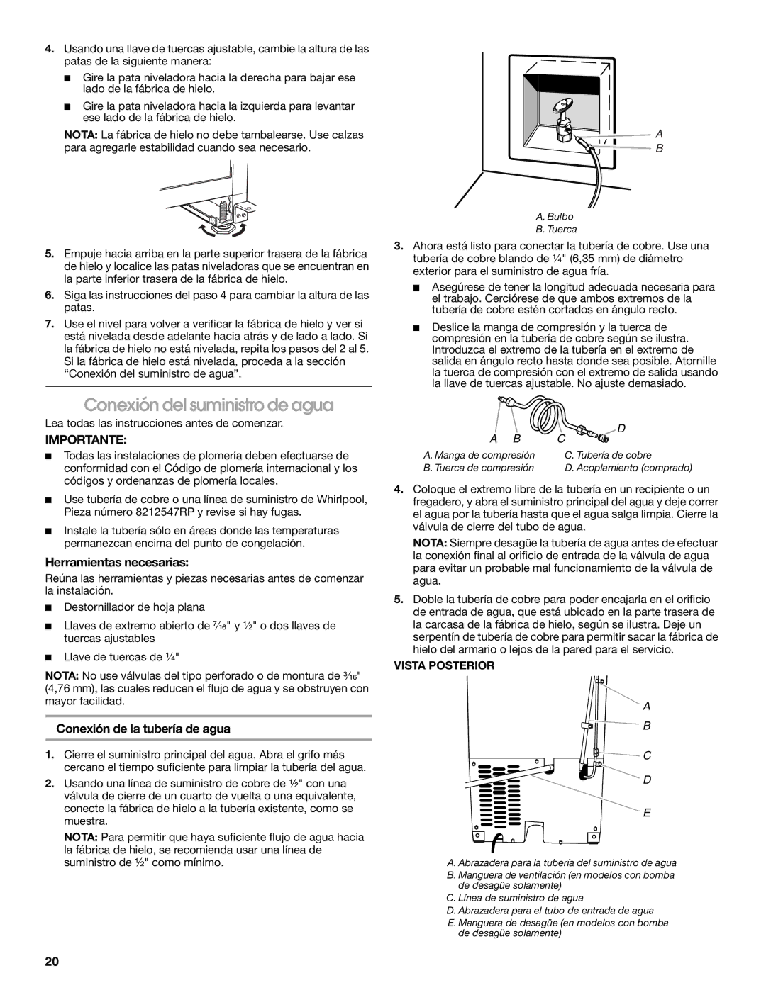 Jenn-Air W10136129C manual Conexión del suministro de agua, Conexión de la tubería de agua, Vista Posterior 