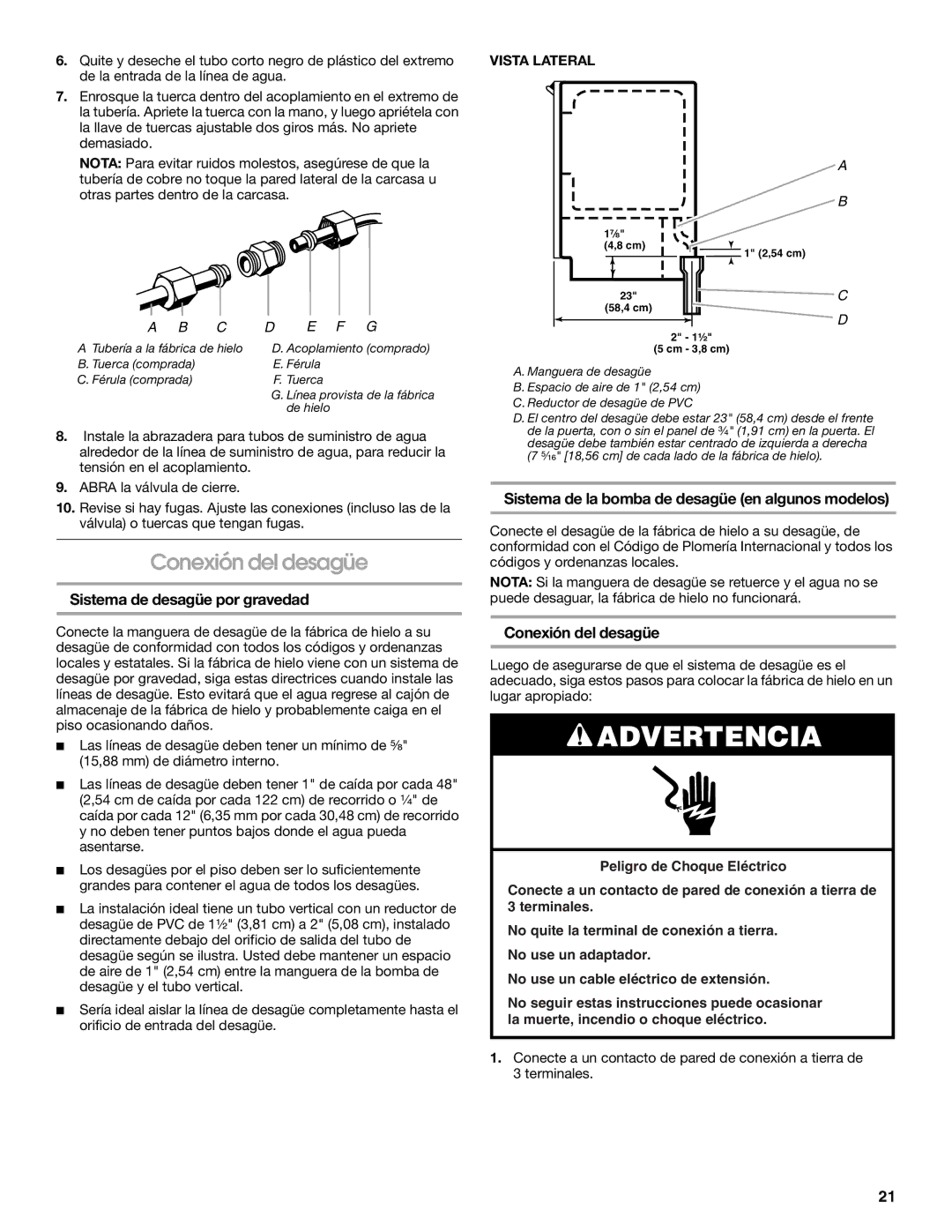 Jenn-Air W10136129C manual Conexión del desagüe, Sistema de desagüe por gravedad, Vista Lateral 