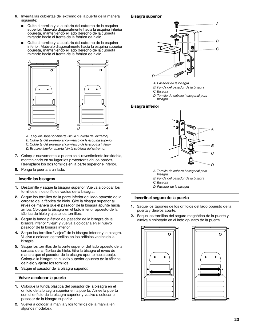 Jenn-Air W10136129C manual Invertir las bisagras, Volver a colocar la puerta, Bisagra superior, Bisagra inferior 