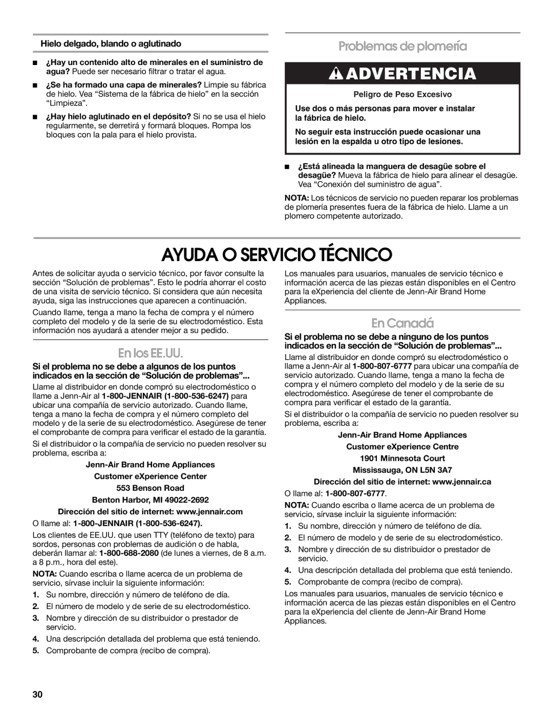 Jenn-Air W10136129C manual Ayuda O Servicio Técnico, Problemas de plomería, En los EE.UU, En Canadá 