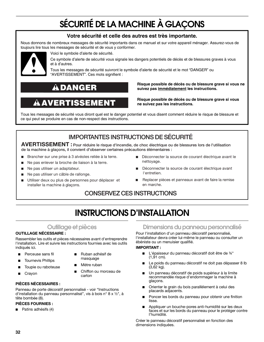 Jenn-Air W10136129C manual Sécurité DE LA Machine À Glaçons, Instructions D’INSTALLATION, Outillage et pièces 