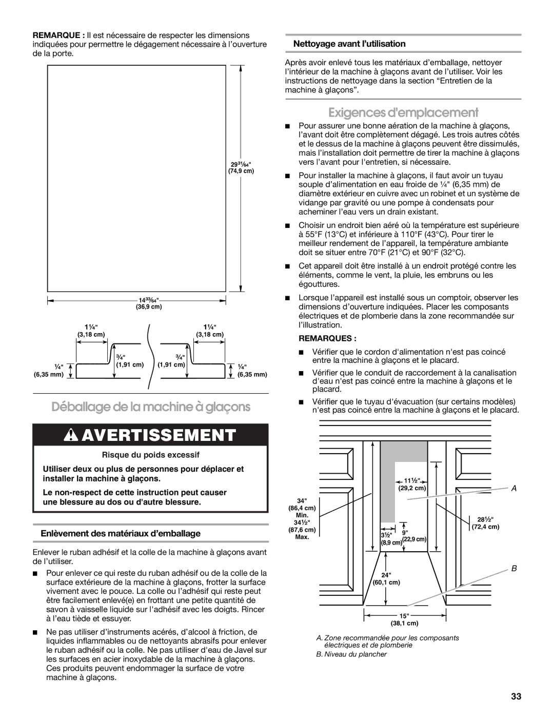 Jenn-Air W10136129C Déballage de la machine à glaçons, Exigences demplacement, Nettoyage avant l’utilisation, Remarques 