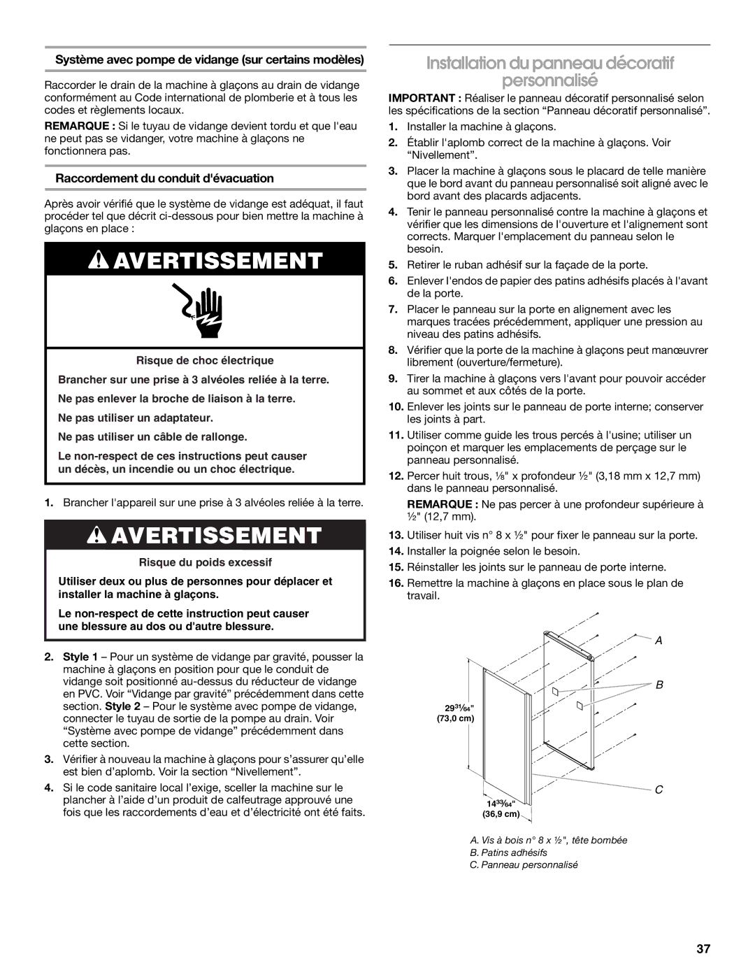 Jenn-Air W10136129C Installation du panneau décoratif Personnalisé, Système avec pompe de vidange sur certains modèles 