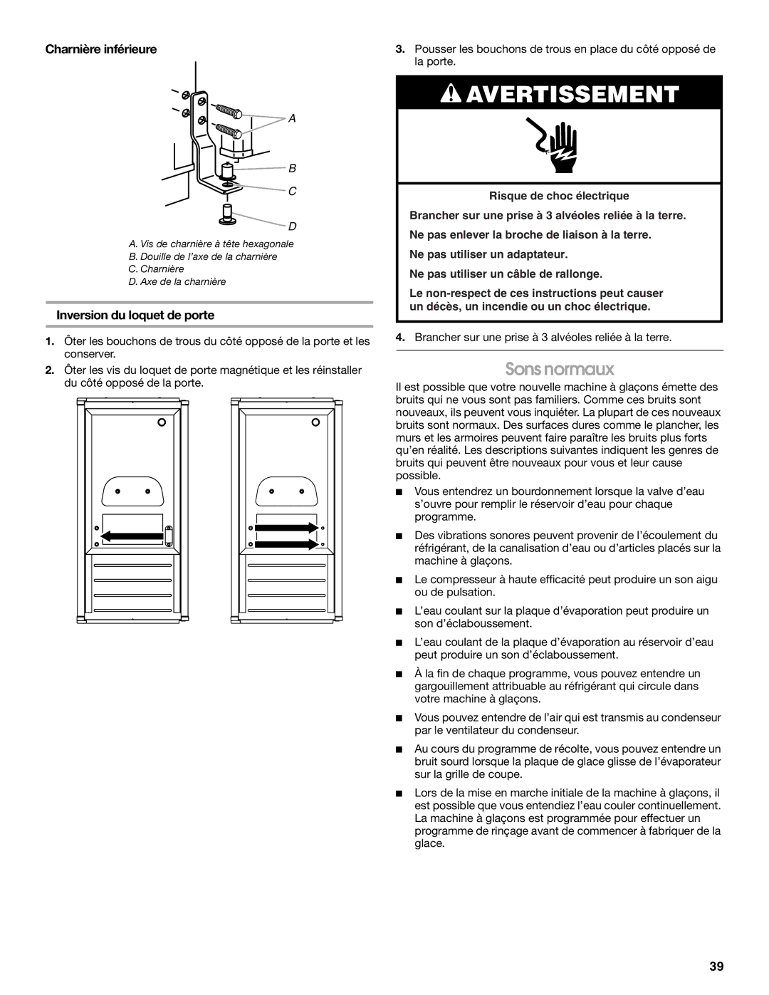 Jenn-Air W10136129C manual Sons normaux, Charnière inférieure, Inversion du loquet de porte 