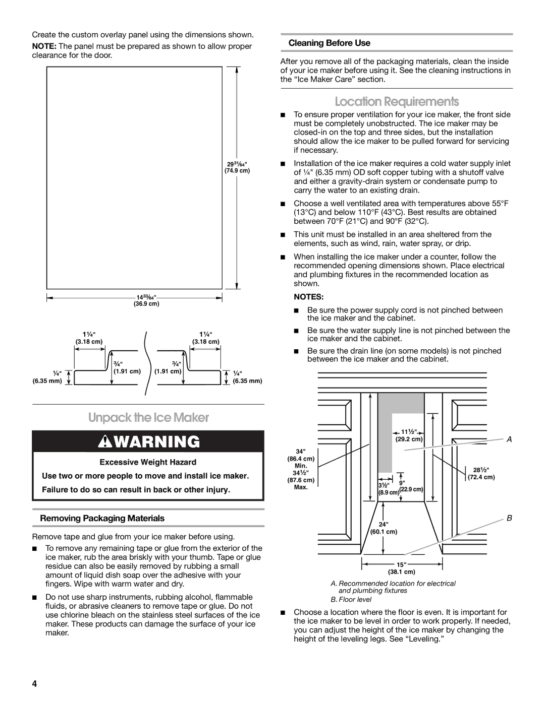 Jenn-Air W10136129C manual Location Requirements, Unpack the Ice Maker, Cleaning Before Use, Removing Packaging Materials 