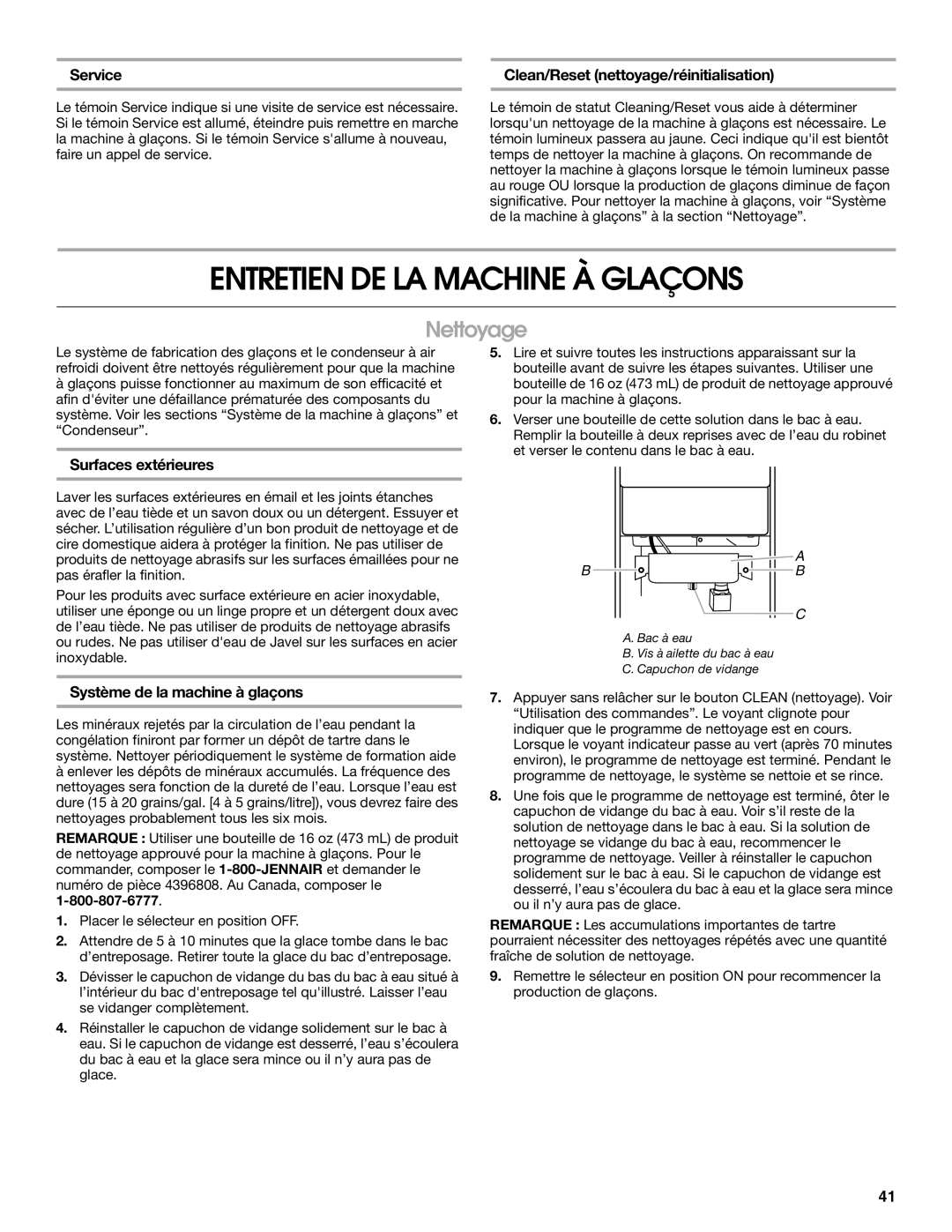 Jenn-Air W10136129C manual Entretien DE LA Machine À Glaçons, Nettoyage, Service Clean/Reset nettoyage/réinitialisation 