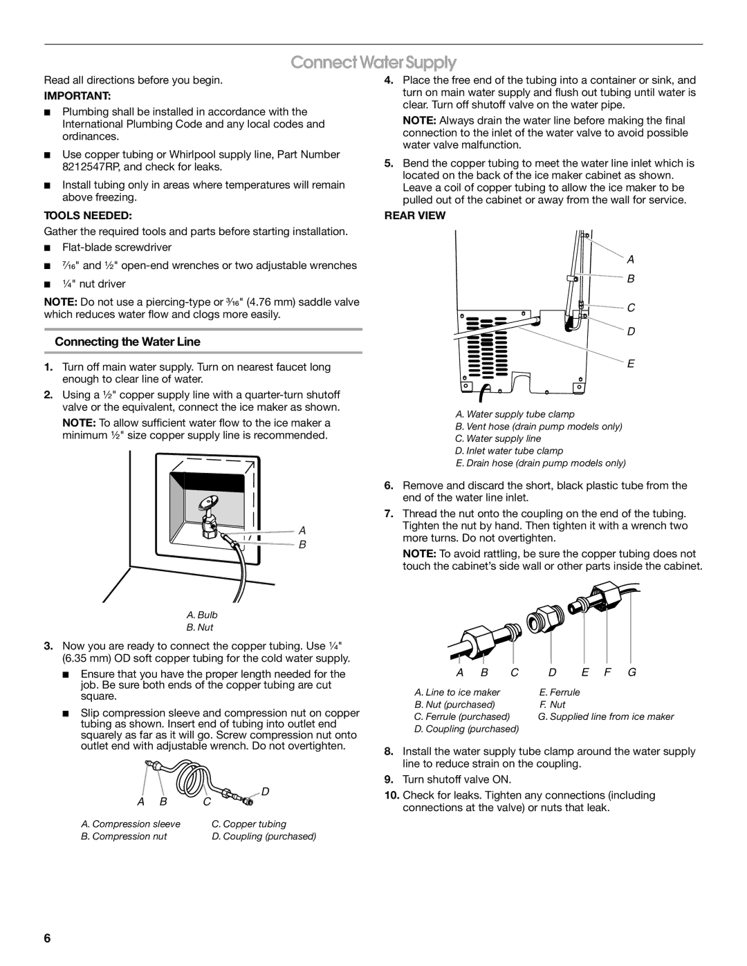 Jenn-Air W10136129C manual Connect Water Supply, Connecting the Water Line, Rear View 