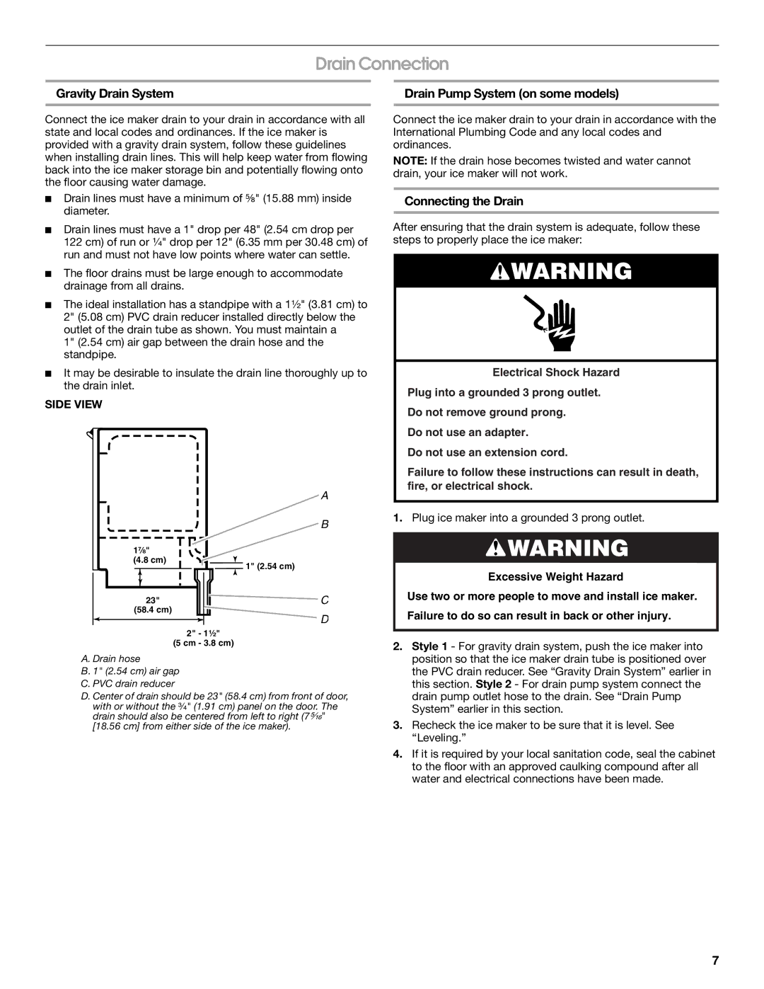 Jenn-Air W10136129C manual Drain Connection, Gravity Drain System, Drain Pump System on some models, Connecting the Drain 