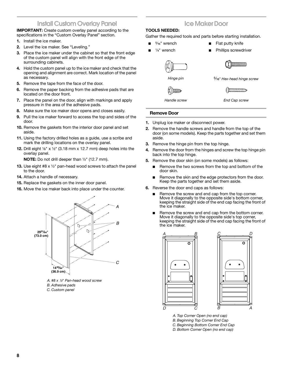 Jenn-Air W10136129C manual Install Custom Overlay Panel, Ice Maker Door, Remove Door 