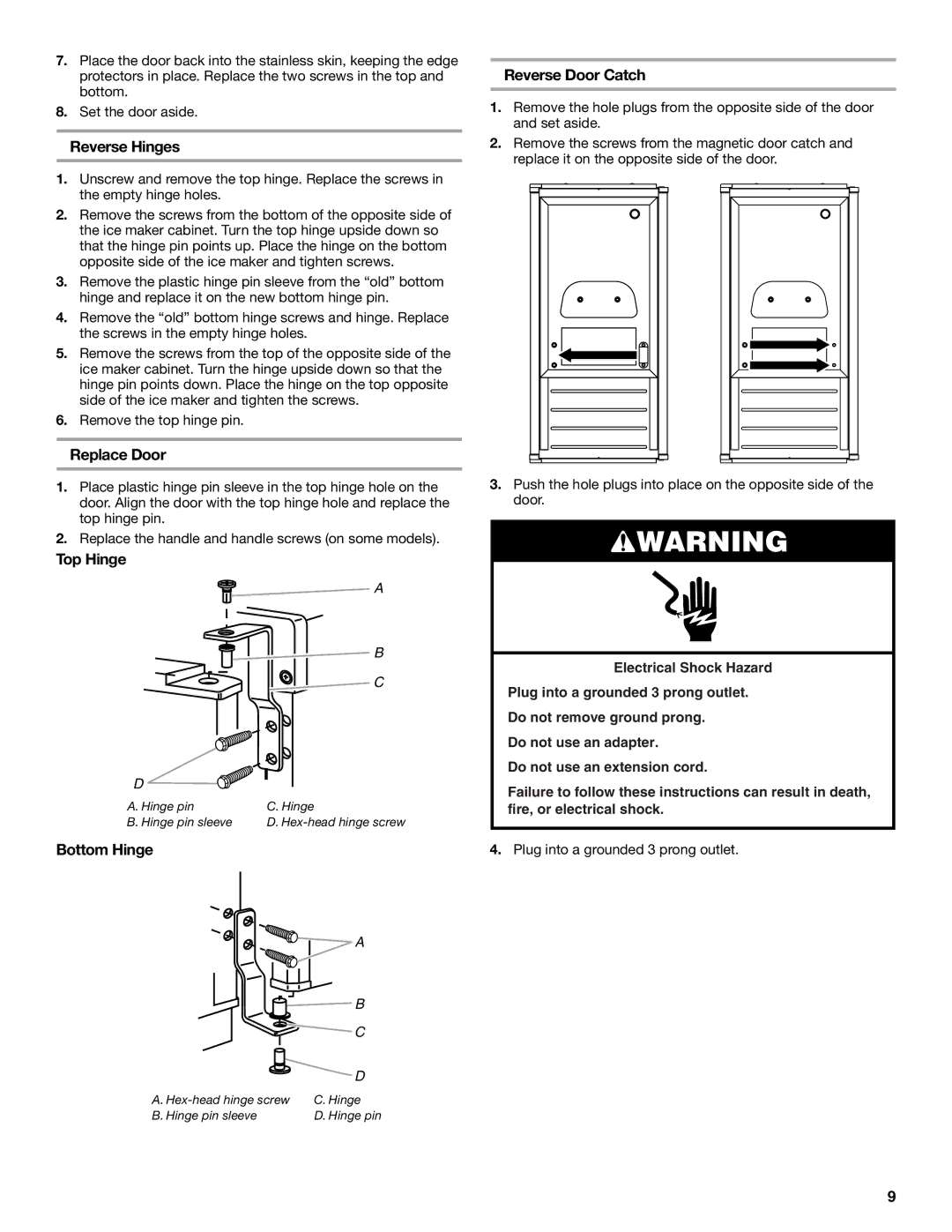 Jenn-Air W10136129C manual Reverse Hinges, Reverse Door Catch, Replace Door, Top Hinge, Bottom Hinge 