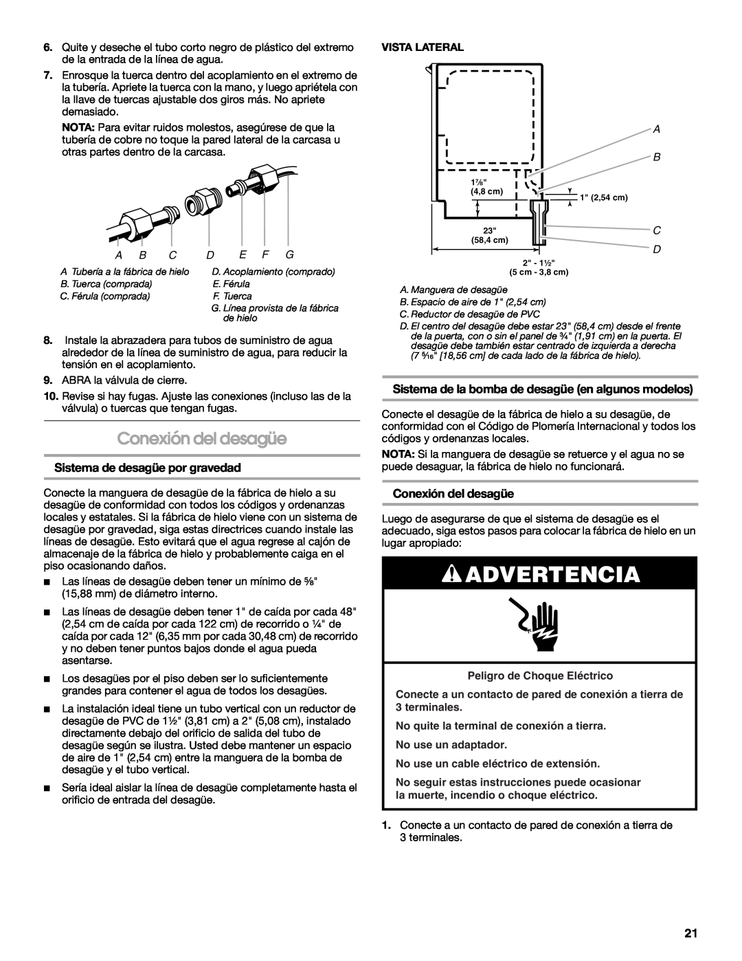 Jenn-Air W10136129C manual Conexión del desagüe, Sistema de desagüe por gravedad, Advertencia, Peligro de Choque Eléctrico 
