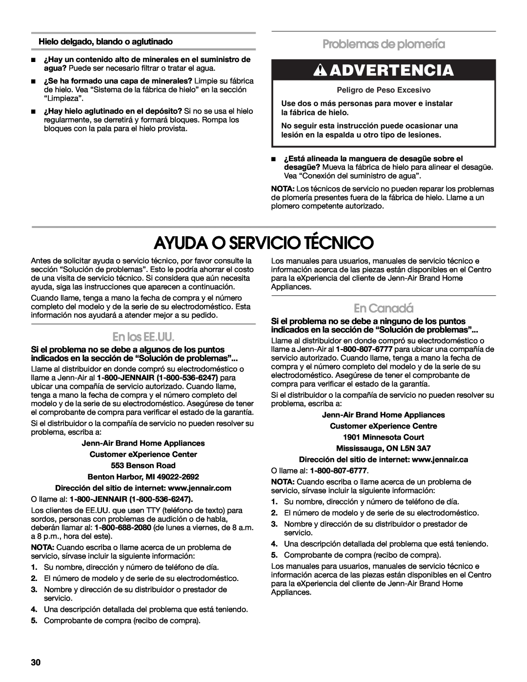 Jenn-Air W10136129C manual Ayuda O Servicio Técnico, Problemas de plomería, En los EE.UU, En Canadá, Advertencia 