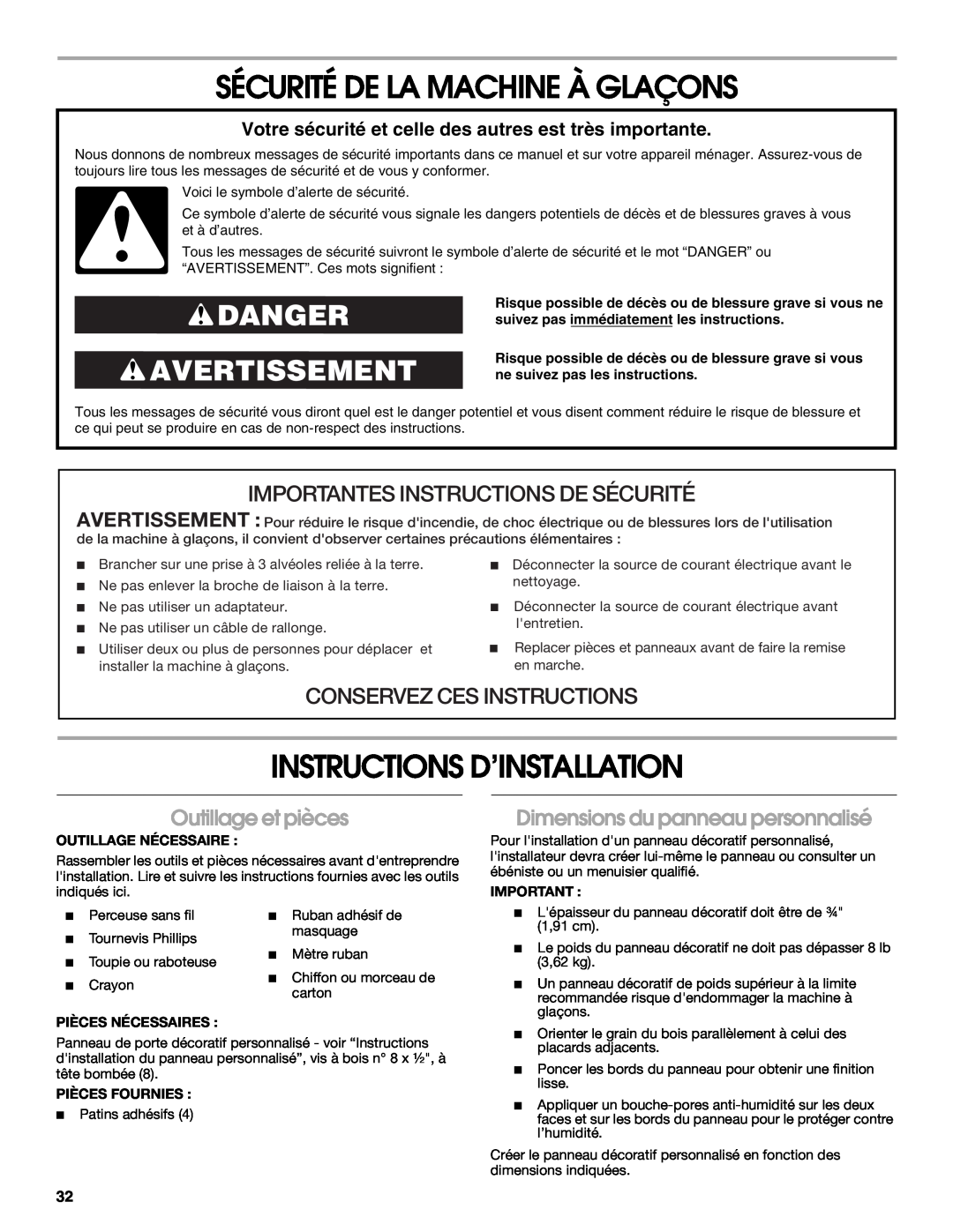 Jenn-Air W10136129C manual Sécurité De La Machine À Glaçons, Instructions D’Installation, Danger Avertissement 