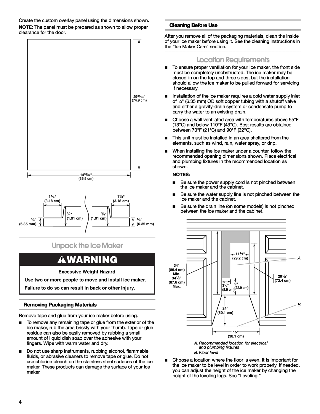 Jenn-Air W10136129C manual Location Requirements, Unpack the Ice Maker, Cleaning Before Use, Removing Packaging Materials 