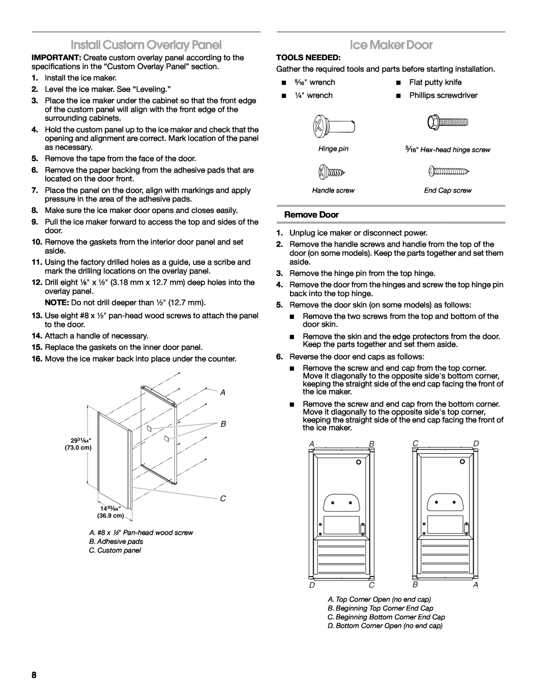 Jenn-Air W10136129C manual Install Custom Overlay Panel, Ice Maker Door, Remove Door, Ab Cd, Dc Ba 