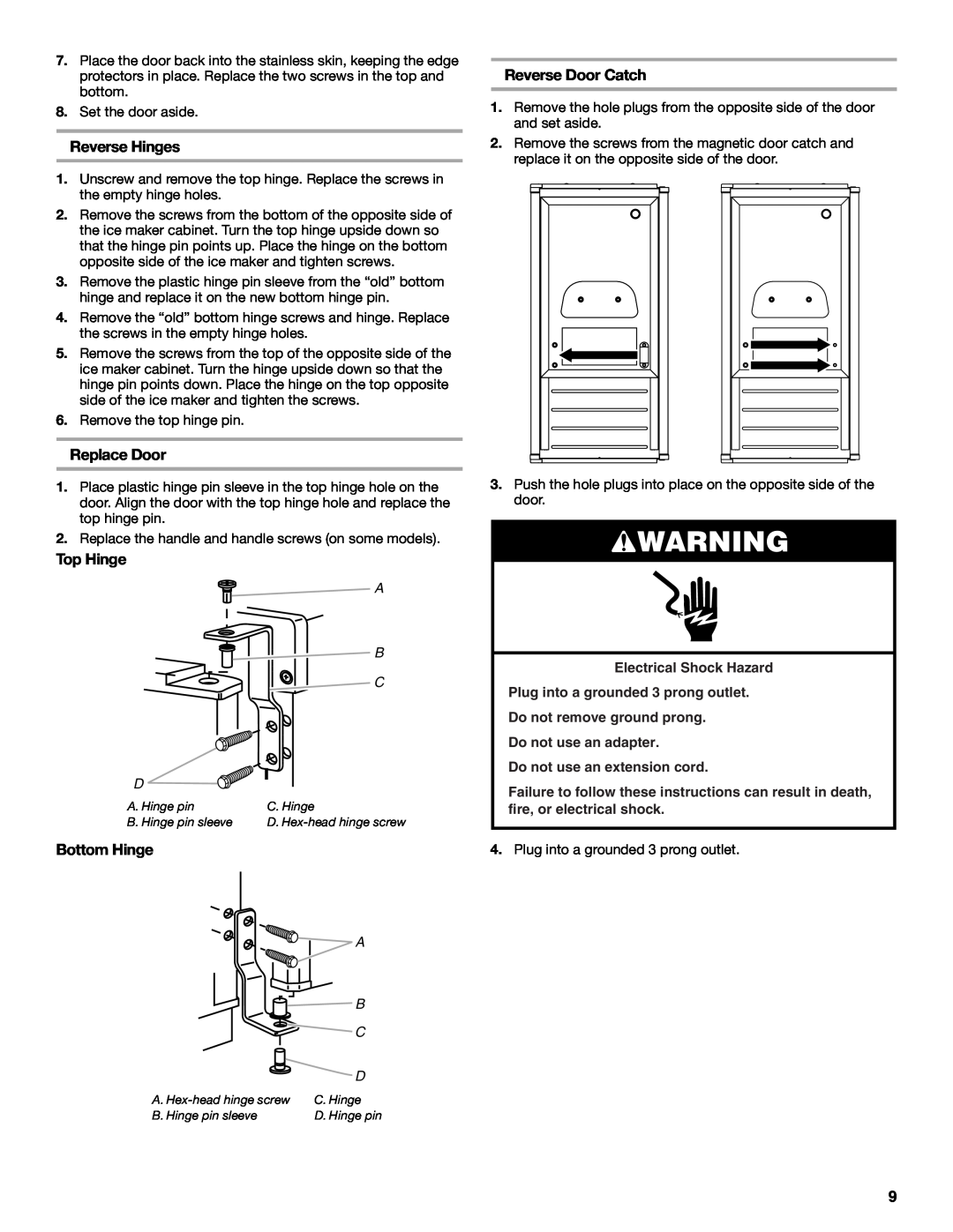 Jenn-Air W10136129C manual Reverse Hinges, Reverse Door Catch, Replace Door, Top Hinge, Bottom Hinge, A B C D 