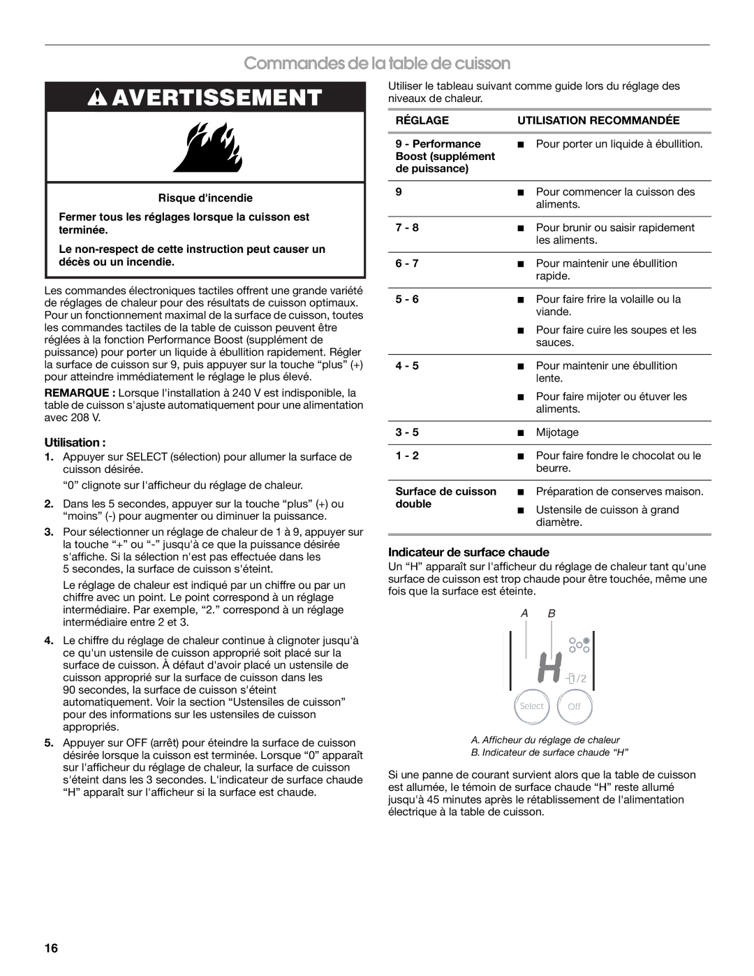 Jenn-Air W10141605 manual Commandes de la table de cuisson, Utilisation, Indicateur de surface chaude 